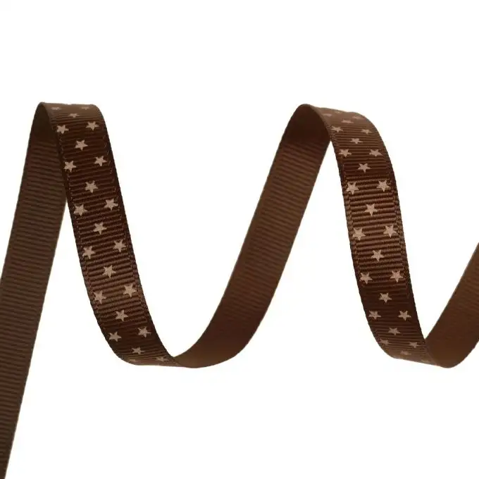 Nastro gros grain marrone con stelle taupe