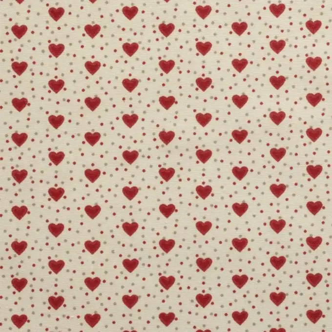 Tessuto cretonne ecru stampato mini cuori rossi