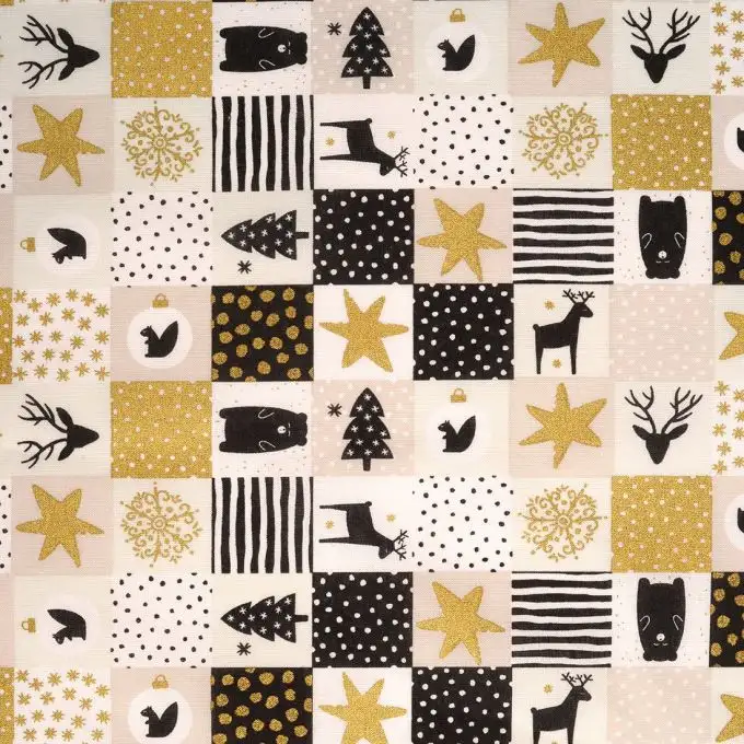 Tessuto cotone nero e dorato motivi Natale