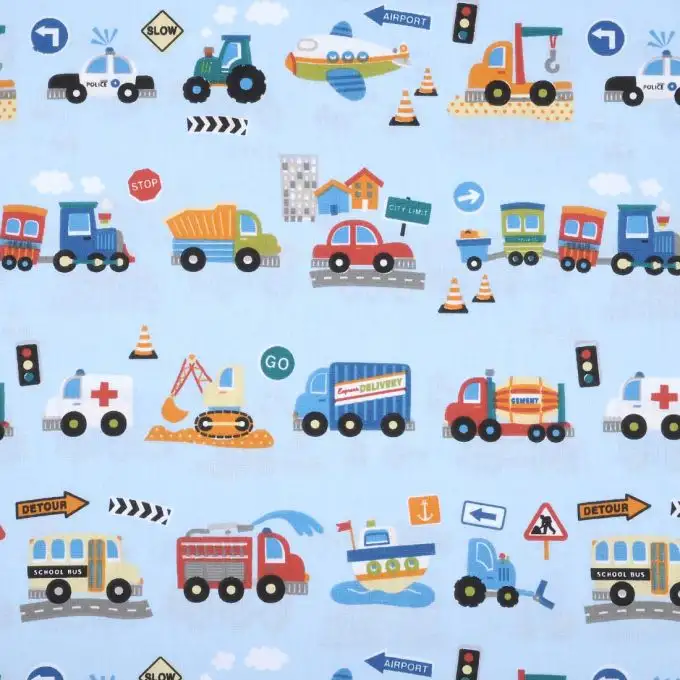 Tessuto cotone stampato auto e camion blu