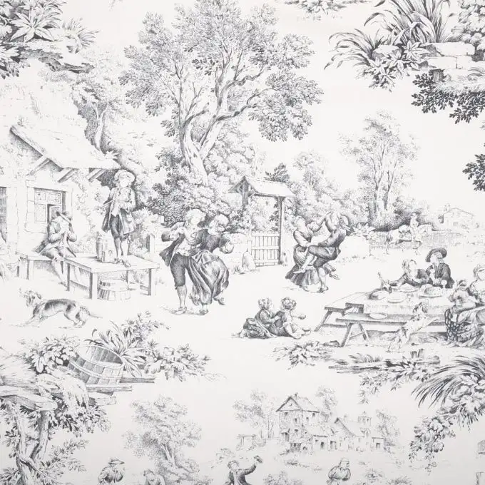 Tessuto cotone stampato toile de jouy banchetto grigio