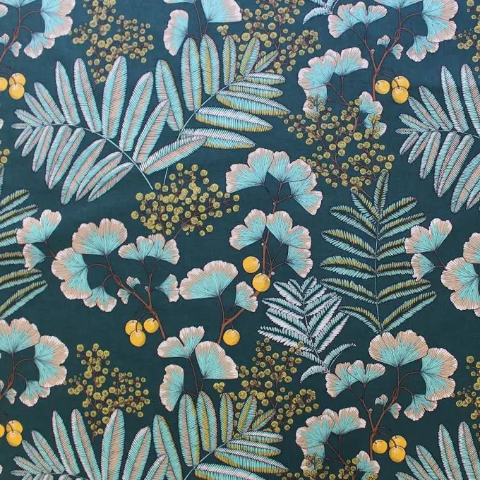 Tessuto cotone stampato Victoria fondo verde abete