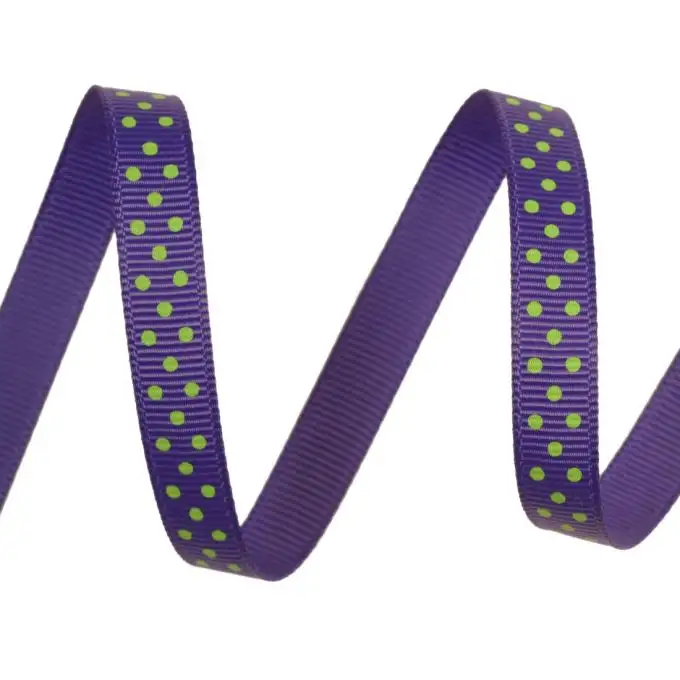 Nastro gros grain viola con pois verdi anice