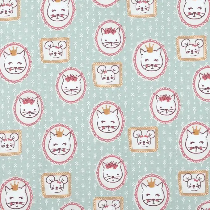 Tessuto cotone verde ritratti di gatto