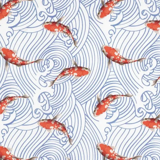Tessuto giapponese carpe koi blu e rosso