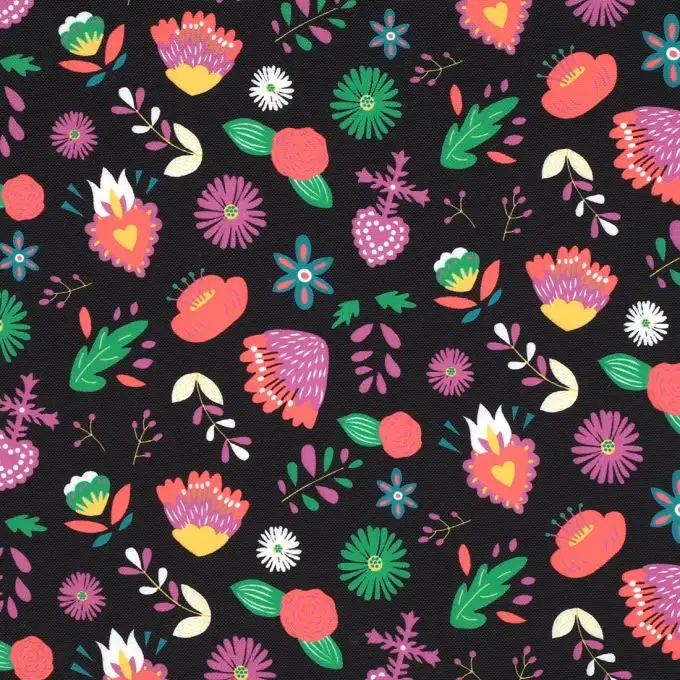 Tessuto poliestere spesso nero fiori multicolori