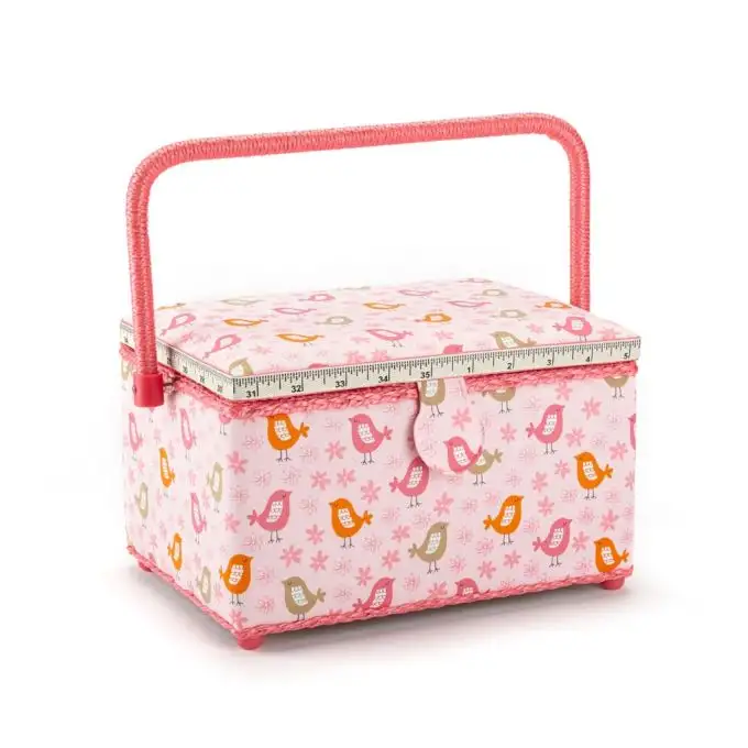 Scatola da cucito rosa motivi uccelli