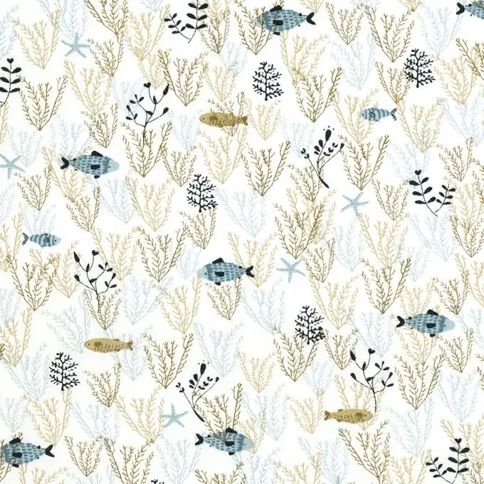 Tessuto cotone biologico pesce bianco e blu