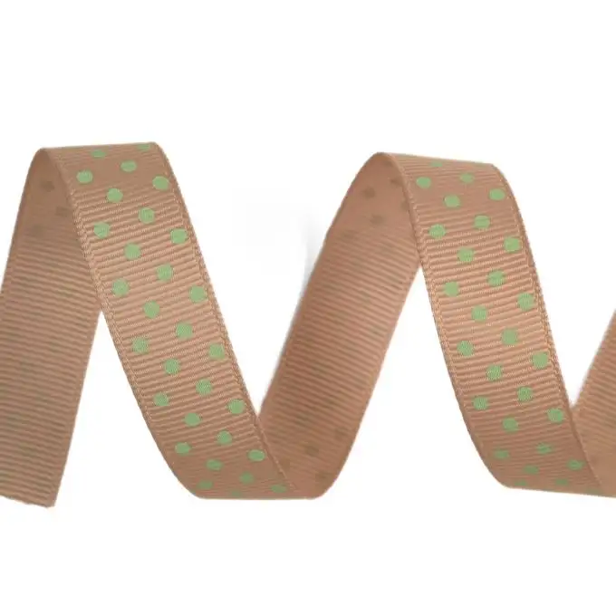 Nastro gros grain taupe con pois verdi