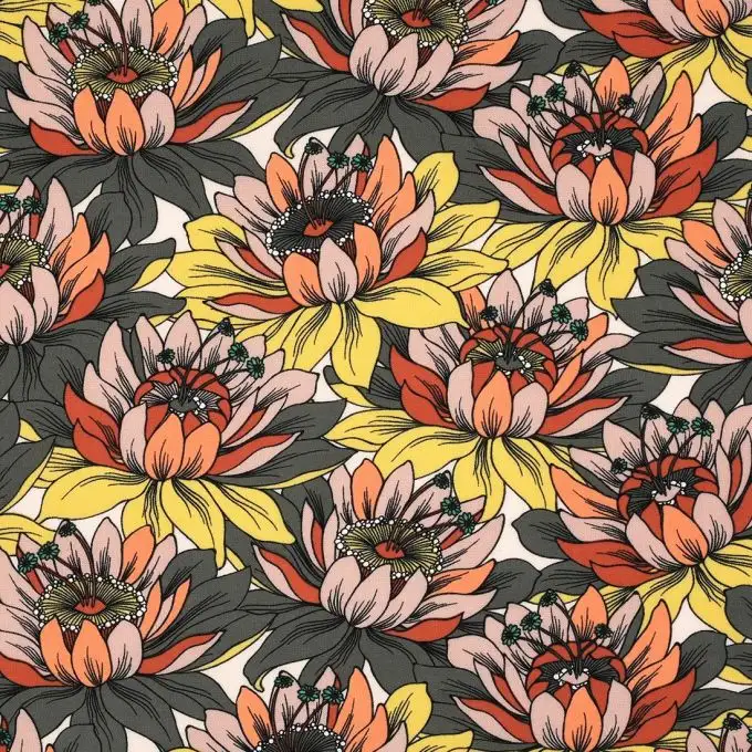 Tessuto viscosa fiori arancione e giallo