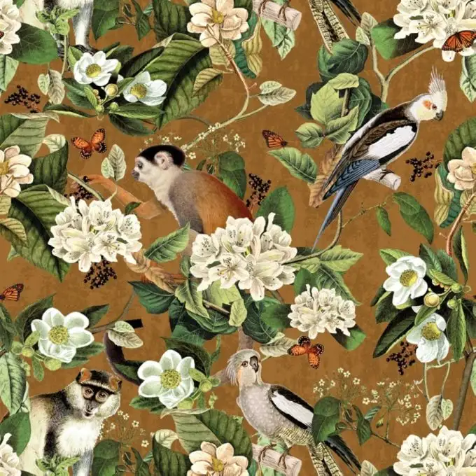 Tessuto cotone spesso stampato scimmie e fiori giallo