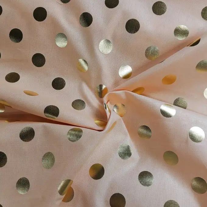 Tessuto bachette cotone spesso metallizzato salmone pois foil dorato