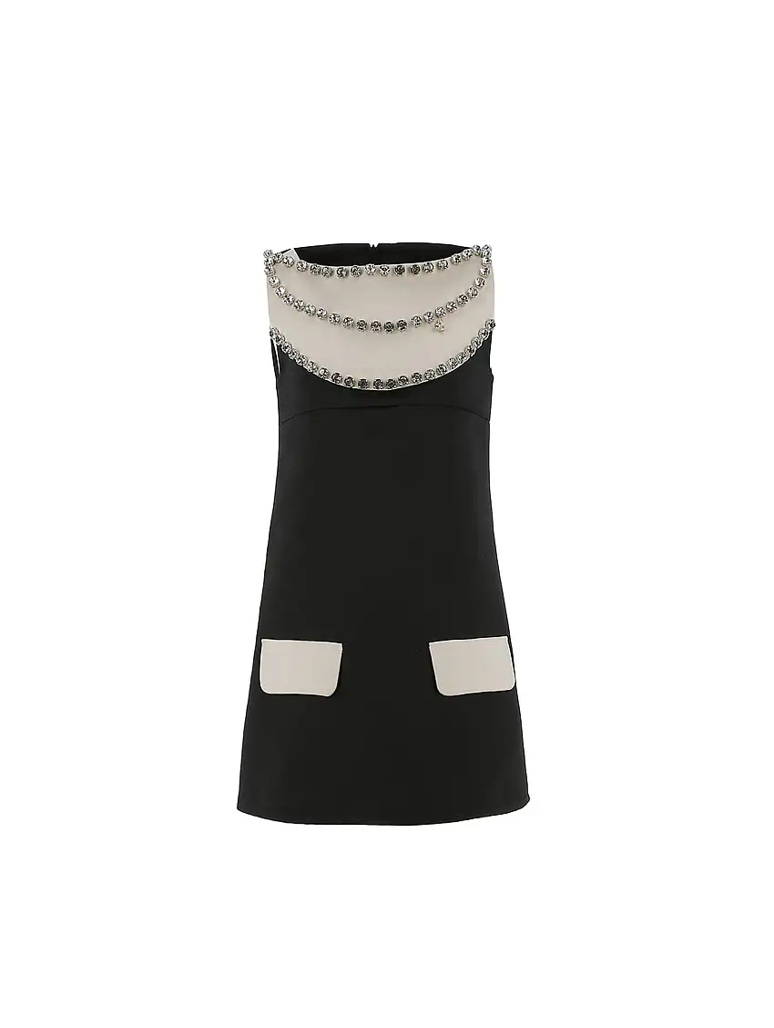 ABITO IN DUCHESSE CON RICAMO CASTONI BURRO/NERO