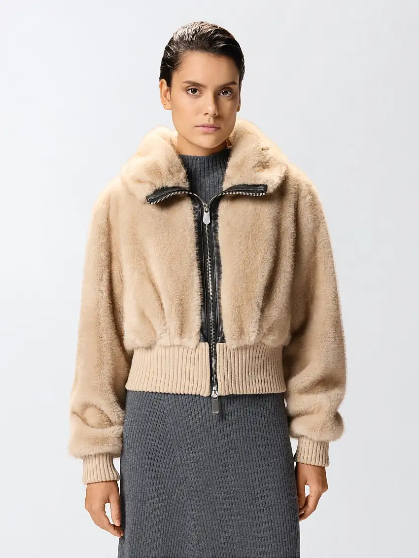 Bomber in Tessuto Aspen Effetto Pelliccia Beige