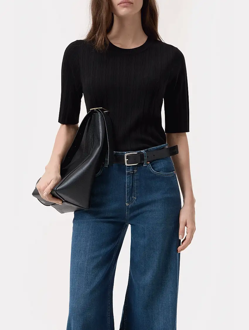 Maglia a Coste in Lana e Seta Nero