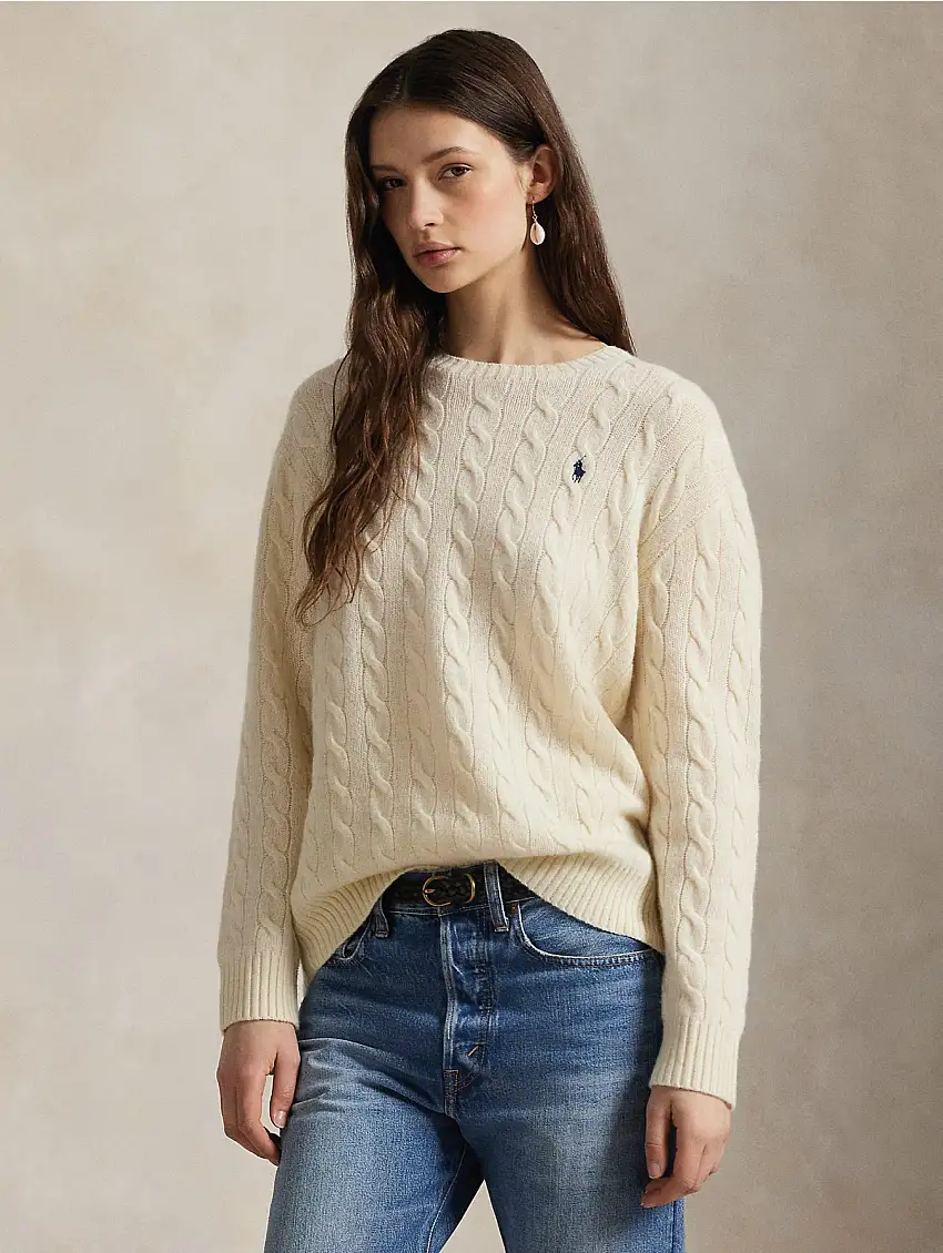 Maglia a Trecce Relaxed Fit Crema