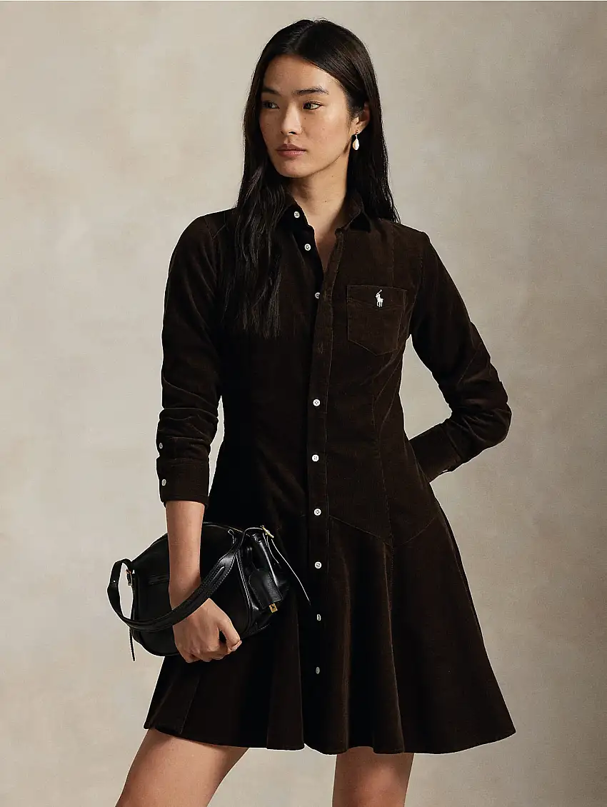 Chemisier in Velluto a Coste Marrone