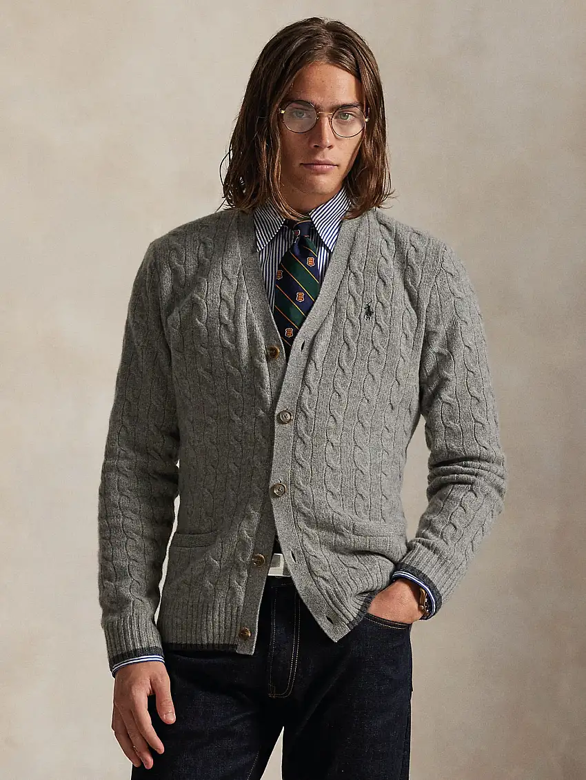Cardigan in Lana e Cashmere a Trecce Grigio