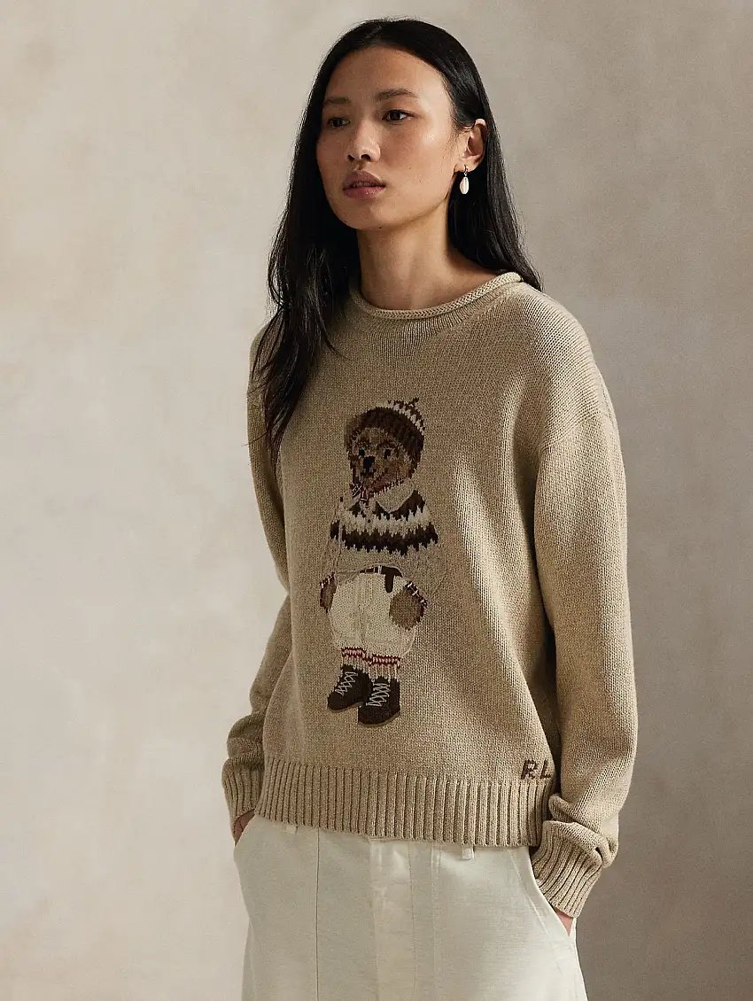 Maglione in Cotone con Intarsio Polo Bear Mandorla