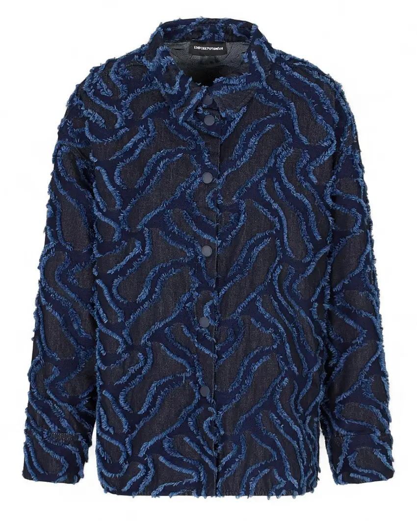 Giacca Denim Jacquard con Motivo Sfrangiato