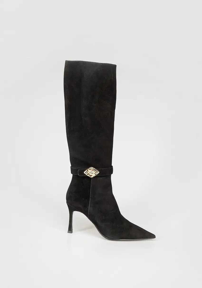 Stivali al Ginocchio in Camoscio con Tacco e Fibbia Gioiello