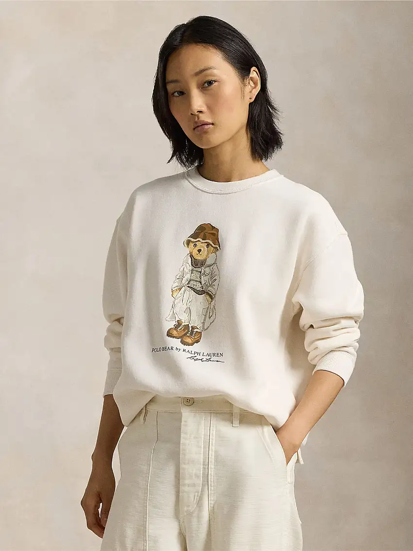 Felpa Girocollo con Stampa Polo Bear Crema