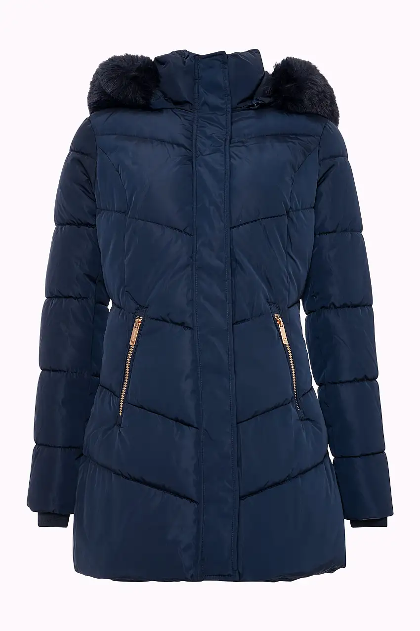 Piumino Lungo Imbottito con Cappuccio e Pelliccia Sintetica