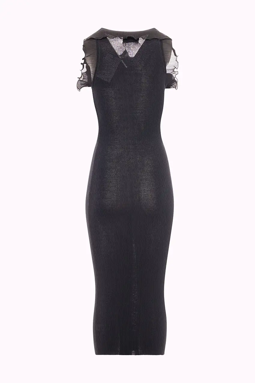 Abito Midi in Maglia Aderente con Volant in Tulle