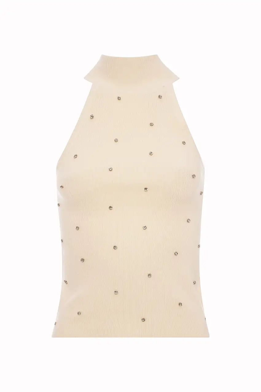 Top Scollo all'Americana in Maglia a Coste con Strass