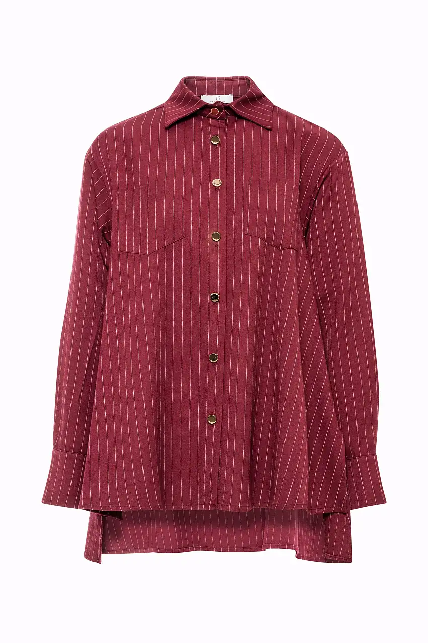 Camicia Lunga Oversize Gessata con Bottoni Dorati