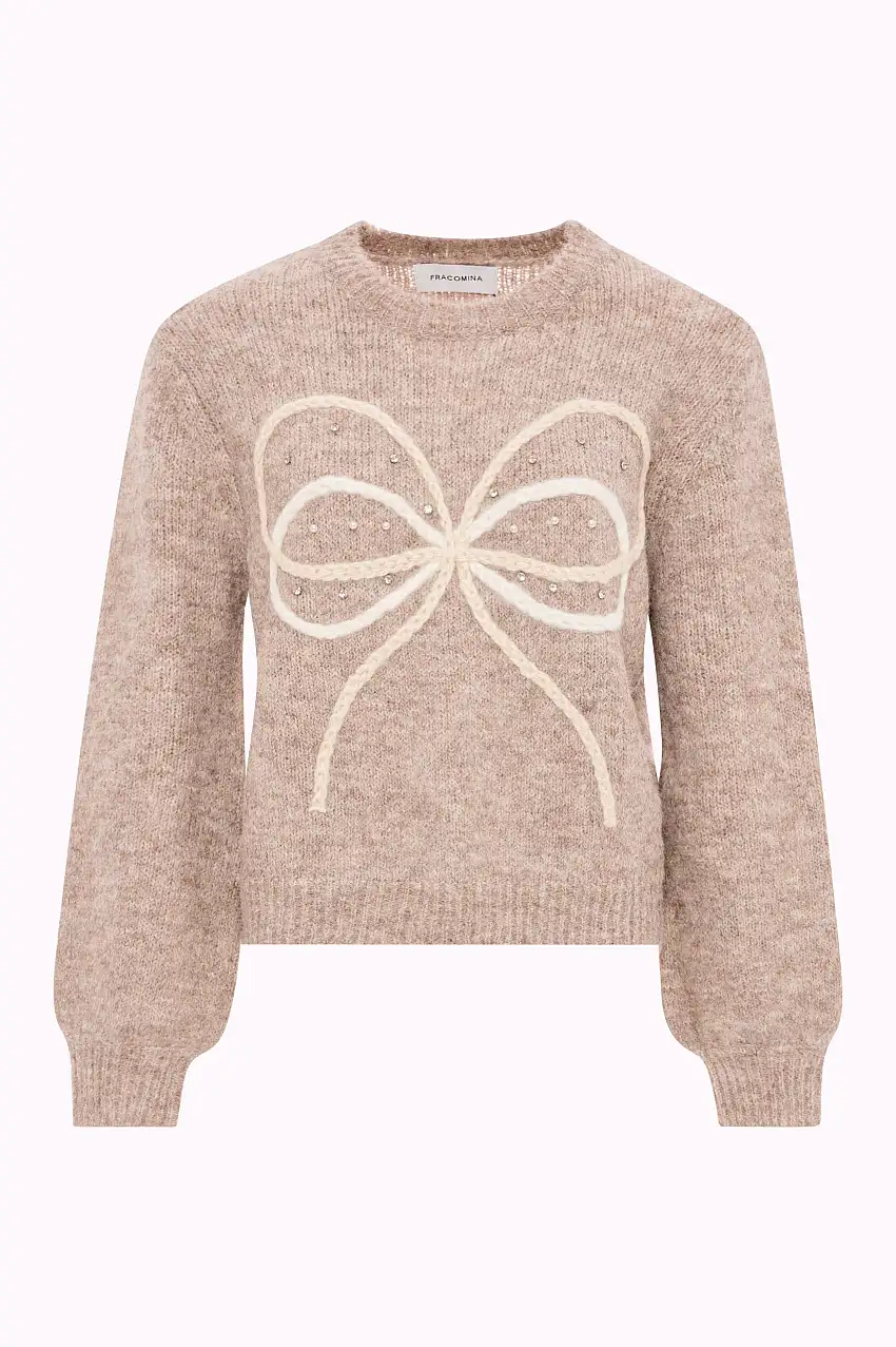 Maglione Girocollo Peloso con Dettaglio Fiocco e Strass