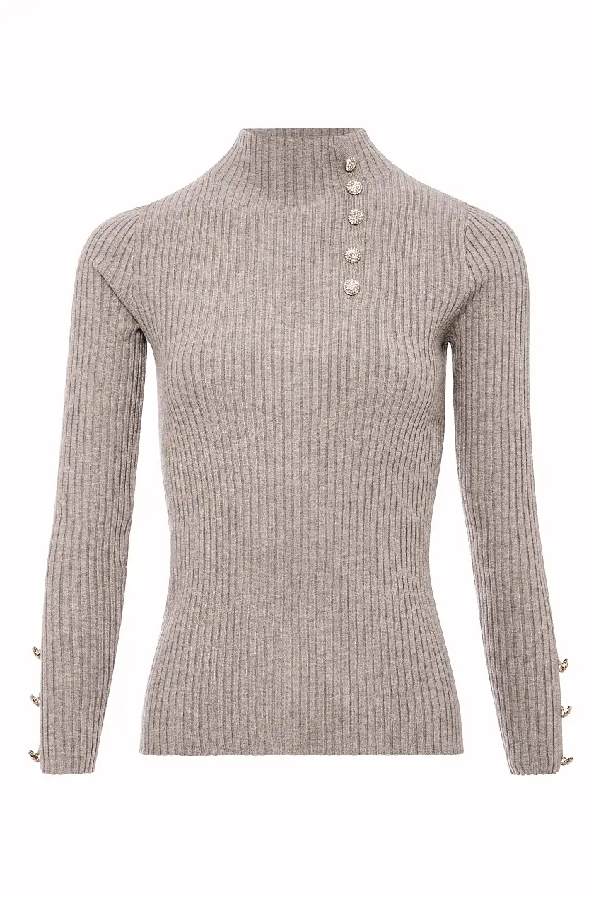 Maglia a Collo Alto in Maglia a Coste con Bottoni Gioiello