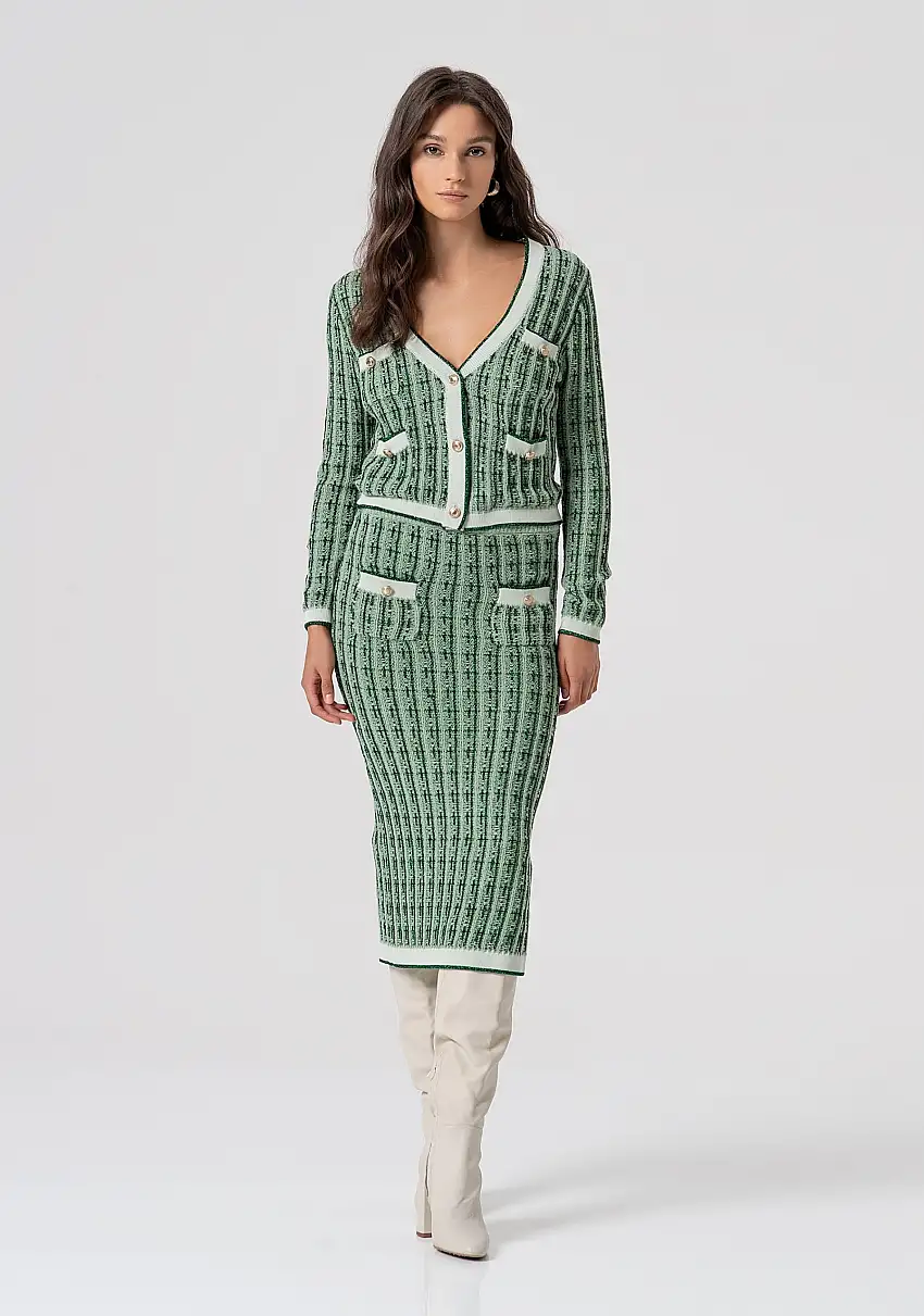 Gonna Midi in Maglia a Coste Bicolore