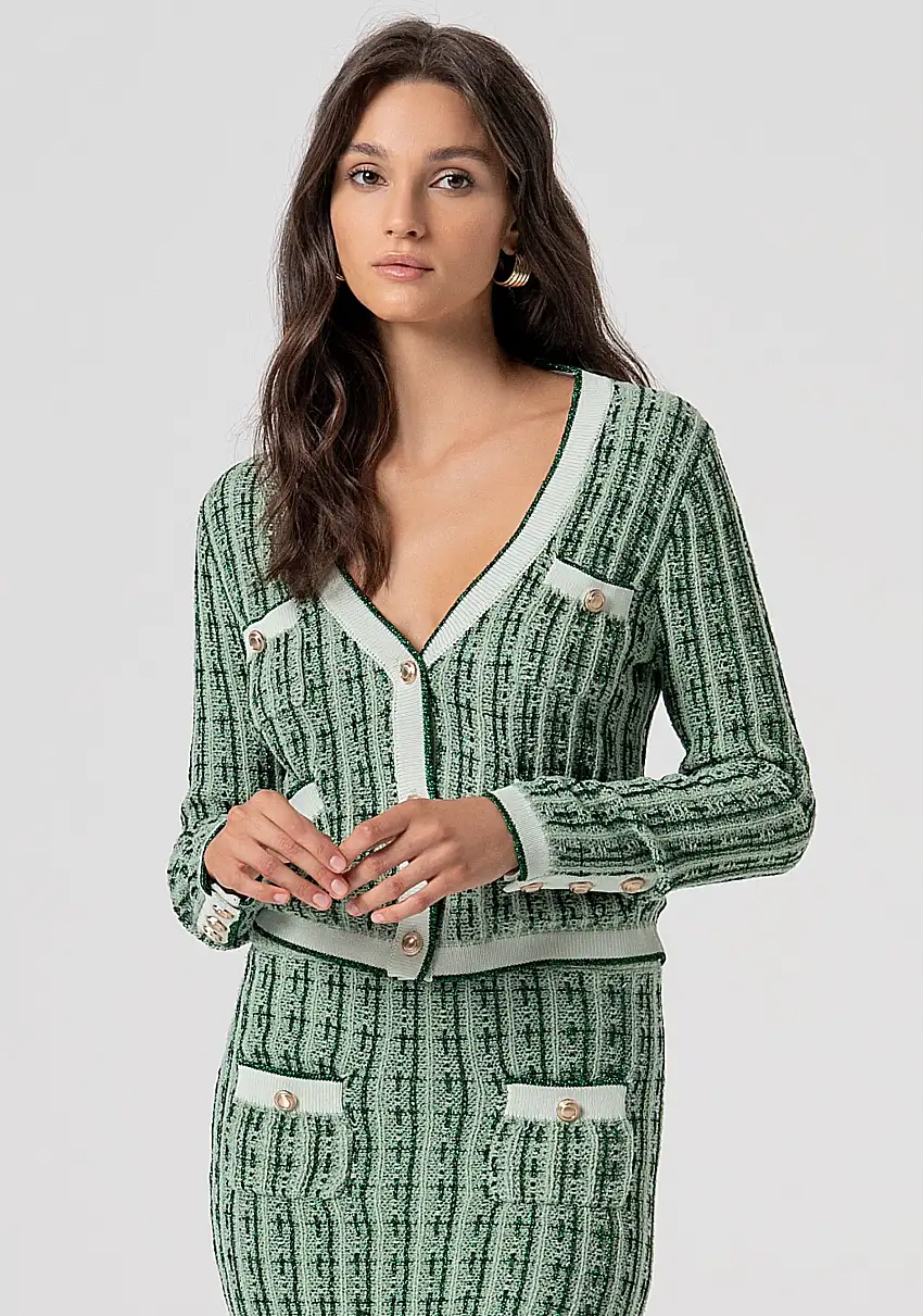 Cardigan Corto in Maglia Bicolore con Bottoni Dorati