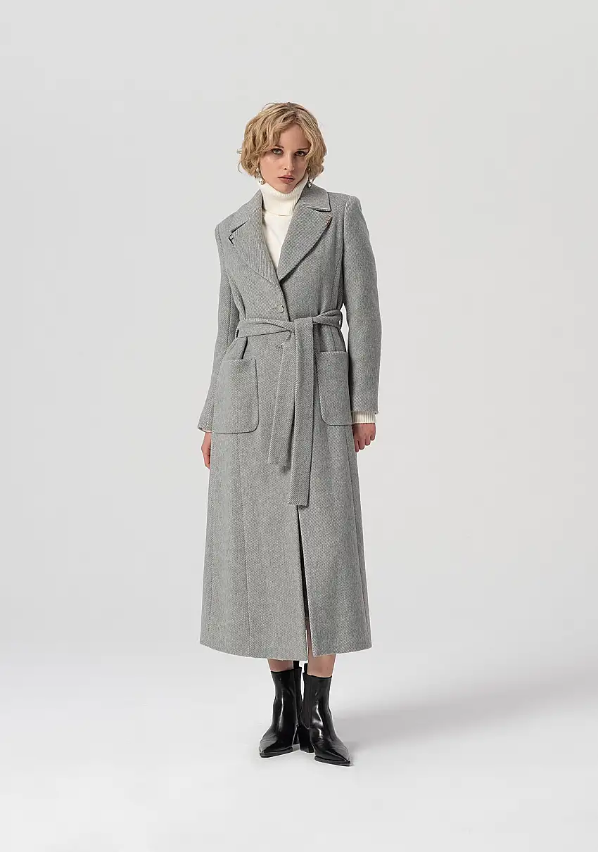 Cappotto regular lungo monopetto in tessuto spigato con lana