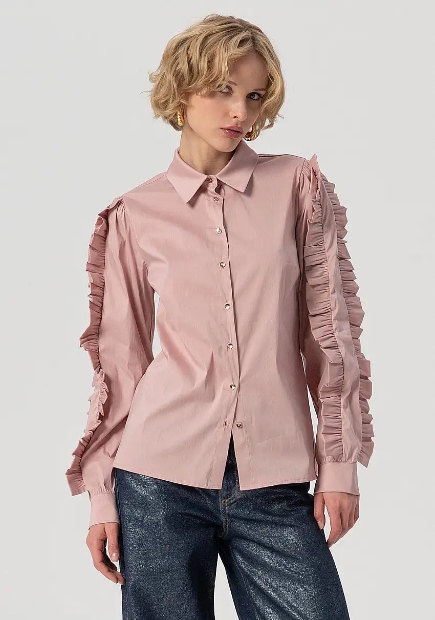 Camicia regular in popeline con rouches sulle maniche