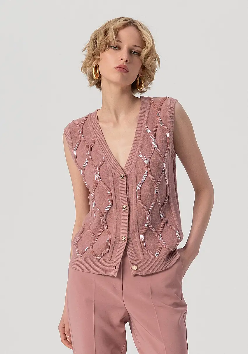 Gilet regular in maglia con punto treccia e baguette applicate