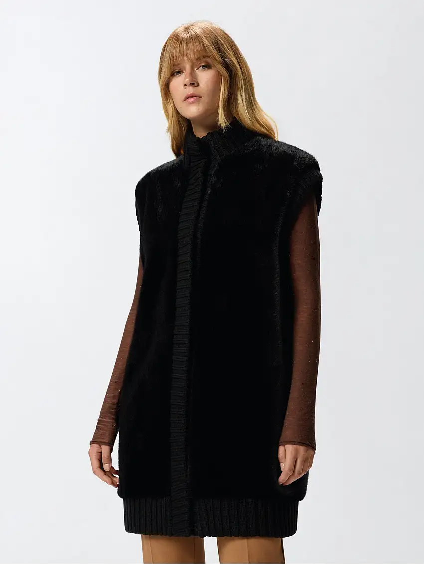 Gilet Lungo in Tessuto Aspen Effetto Pelliccia Nero