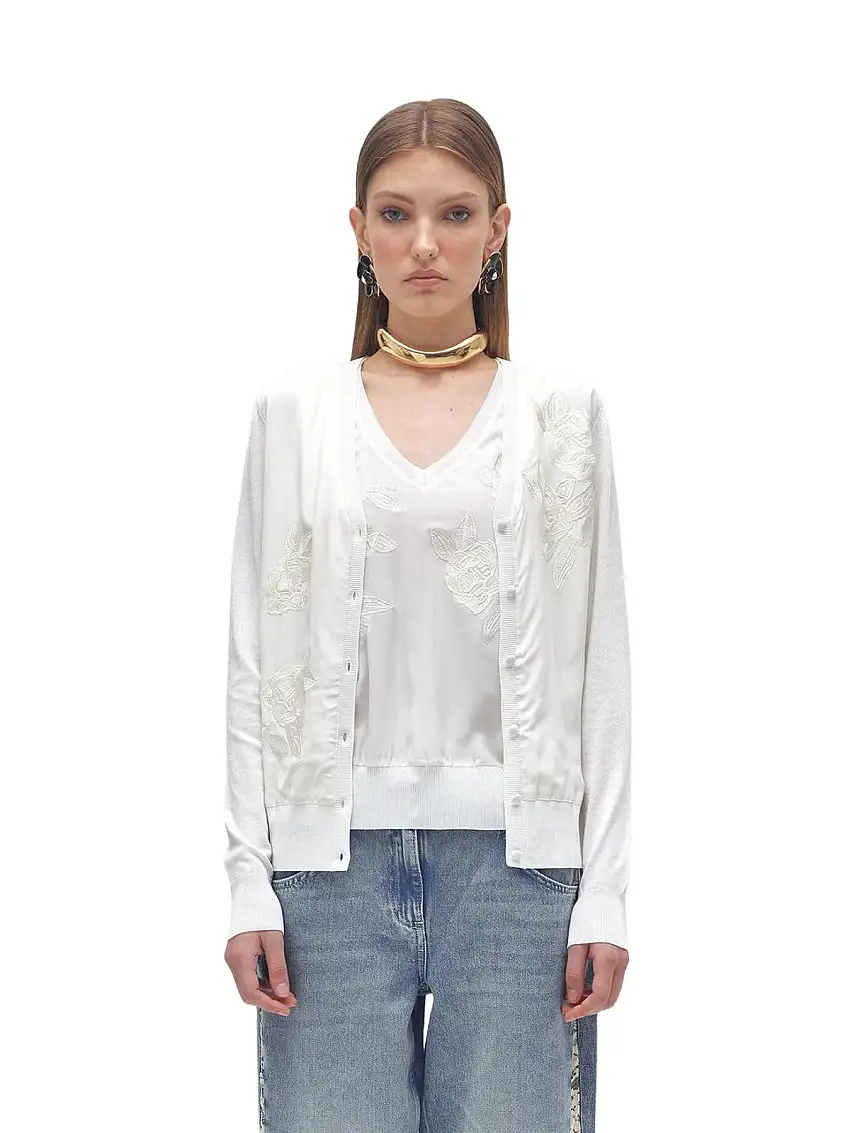 Blugirl Women's Cardigan - Floral Embroidery Cardigan and Top - White
