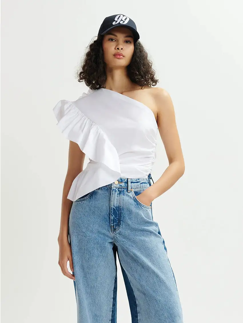 Top Mono Spalla Con Volant Bianco