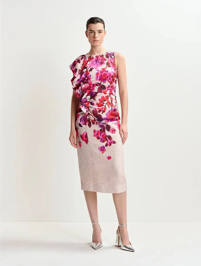 Abito Aderente con Stampa Floreale Rosa