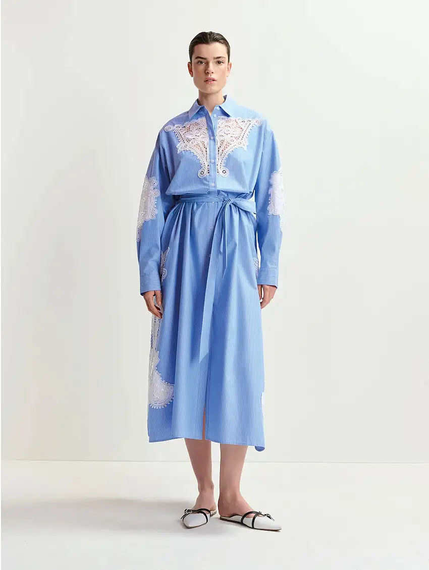 Abito Chemisier a Righe con Pizzo Blu/Bianco