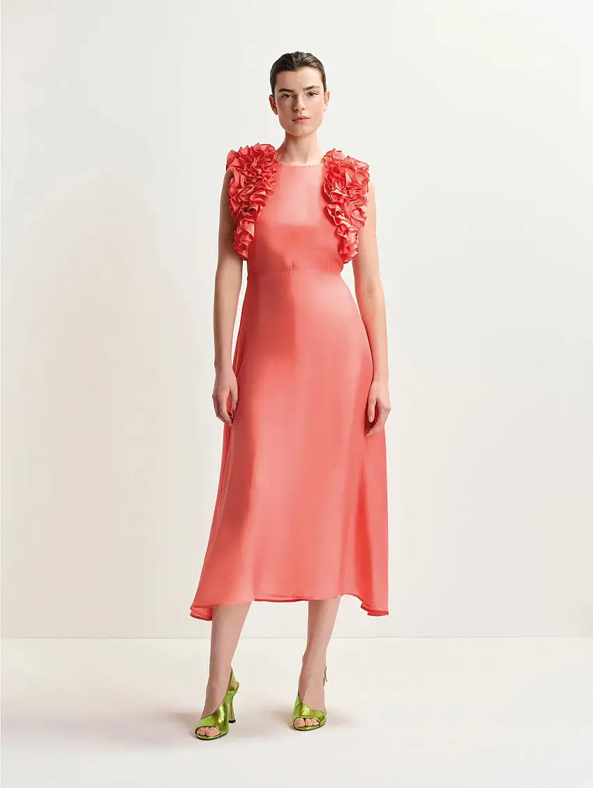 Abito Midi in Seta con Volant Floreali Corallo