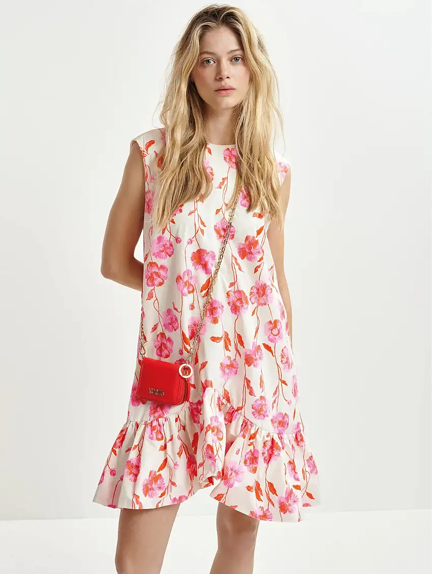 Abito Corto a Fiori Bianco/Rosa