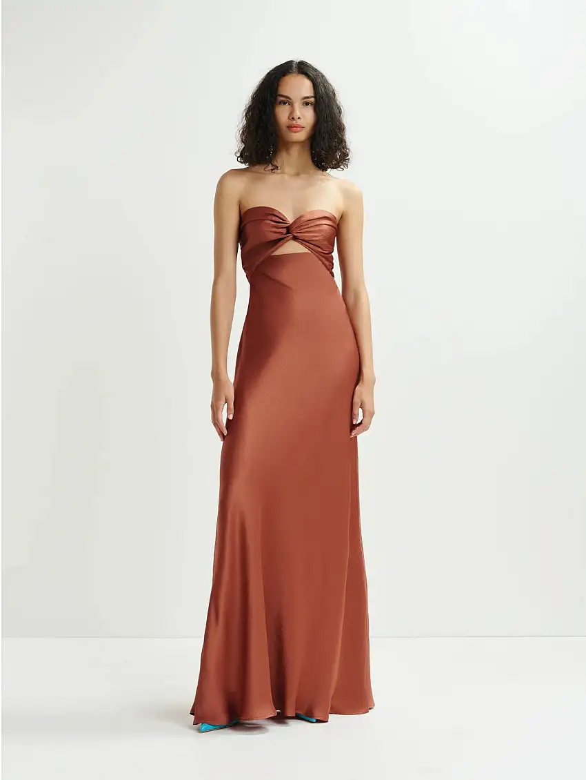 Abito Lungo in Raso Marrone