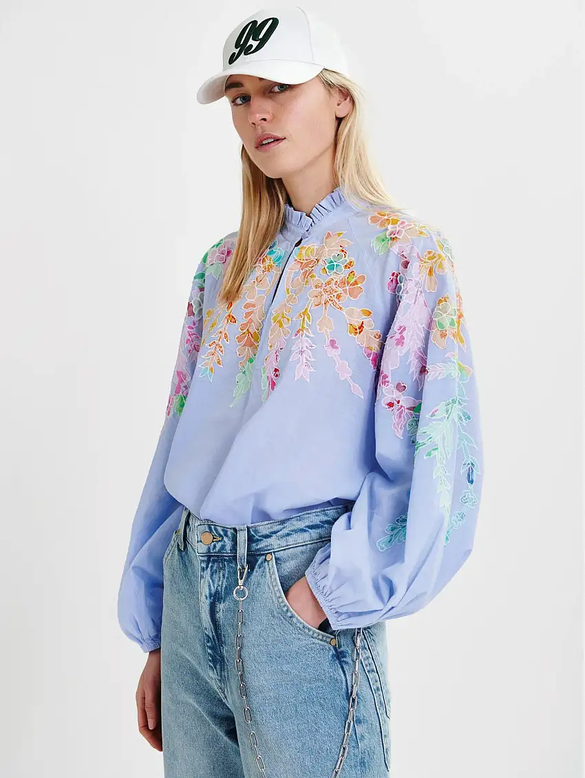 Top con Maniche a Palloncino e Ricami Floreali Blu