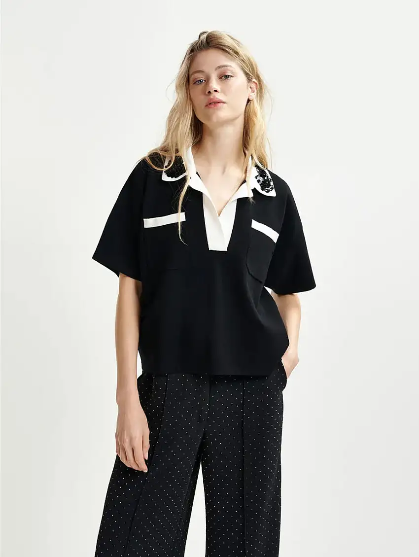 Polo in Maglia con Colletto con Paillettes e Perle Nero