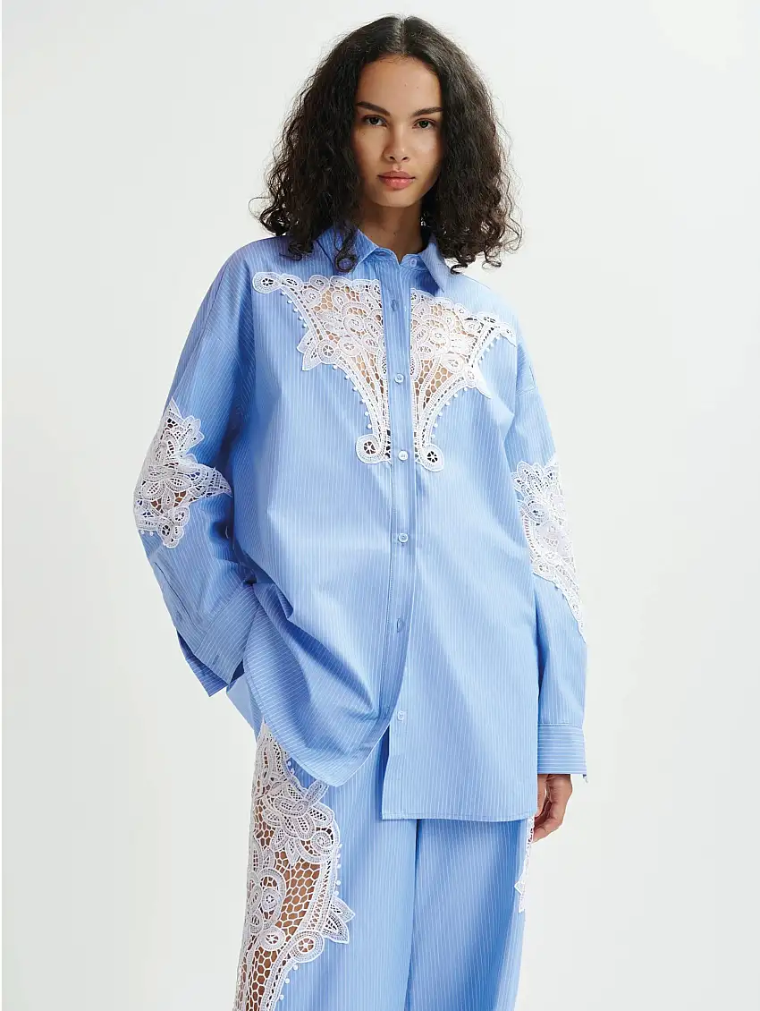 Camicia a Righe con Pizzo Blu/Bianco