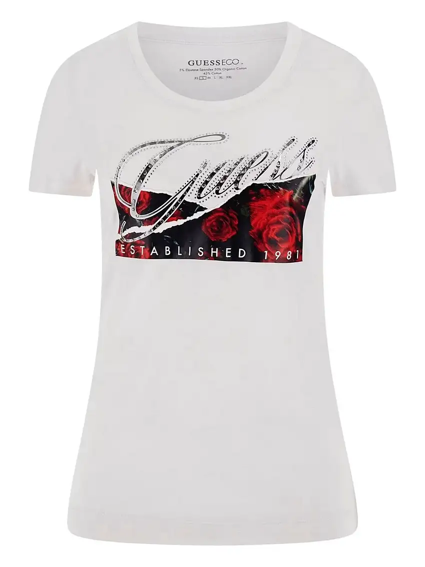 GUESS Women's T-shirt SS CN ROSES PRINT W5RI03 J1314 G011 White