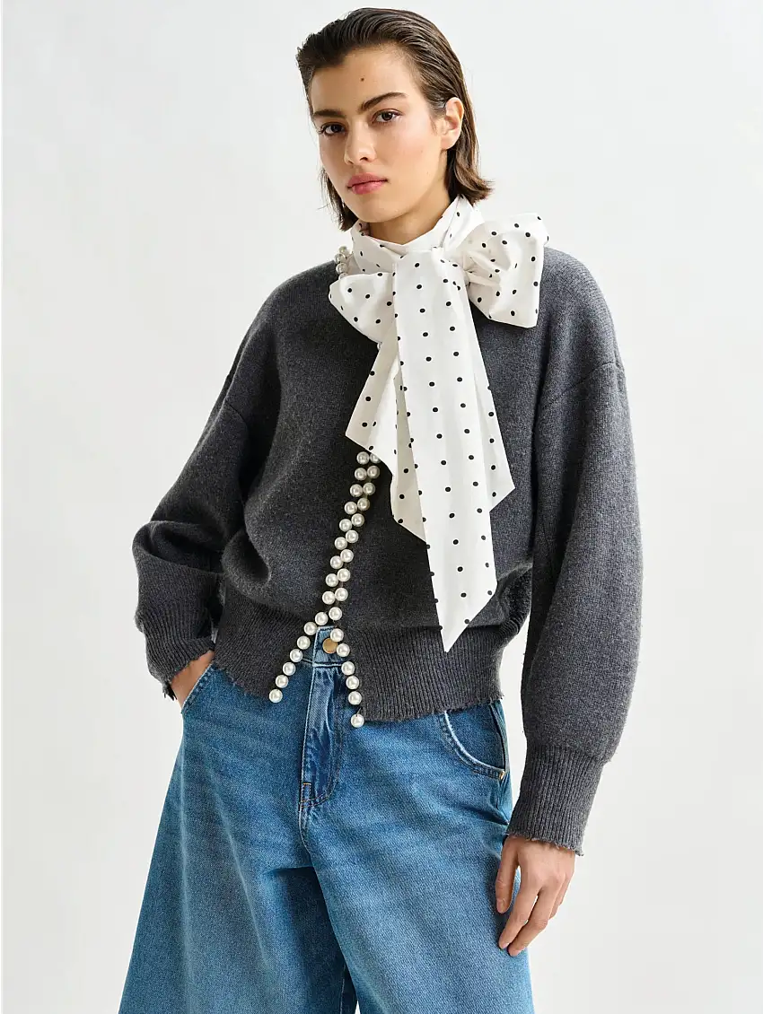 Cardigan in Maglia con Perline Grigio